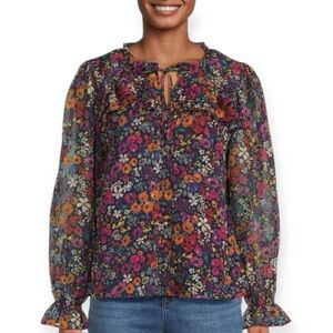 Saks Fifth Avenue Vivid Floral Ruffled Tie Front Blouse Top Size Medium M